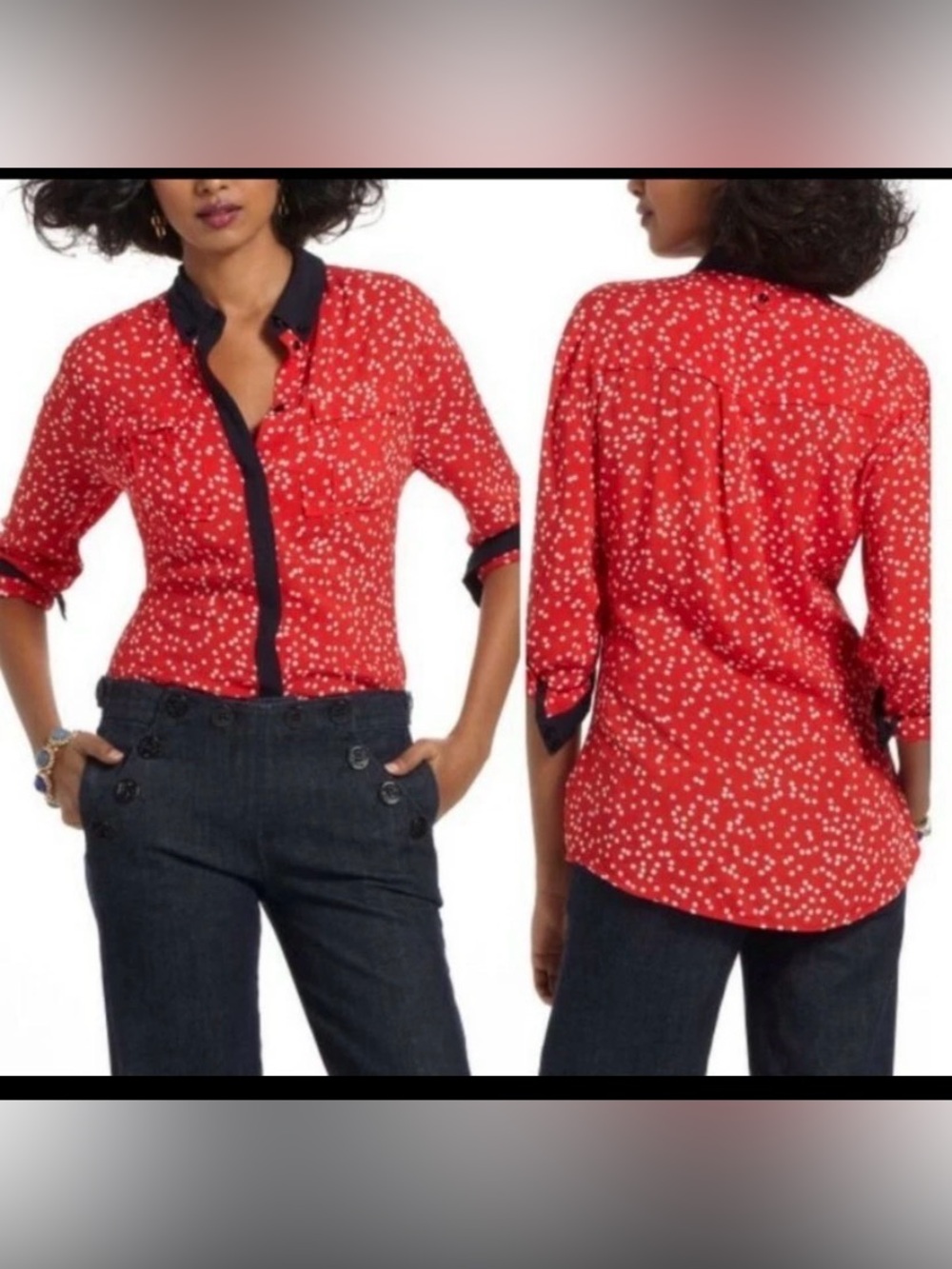 Maeve Red Dot Button-Down Shirt with Black Trim